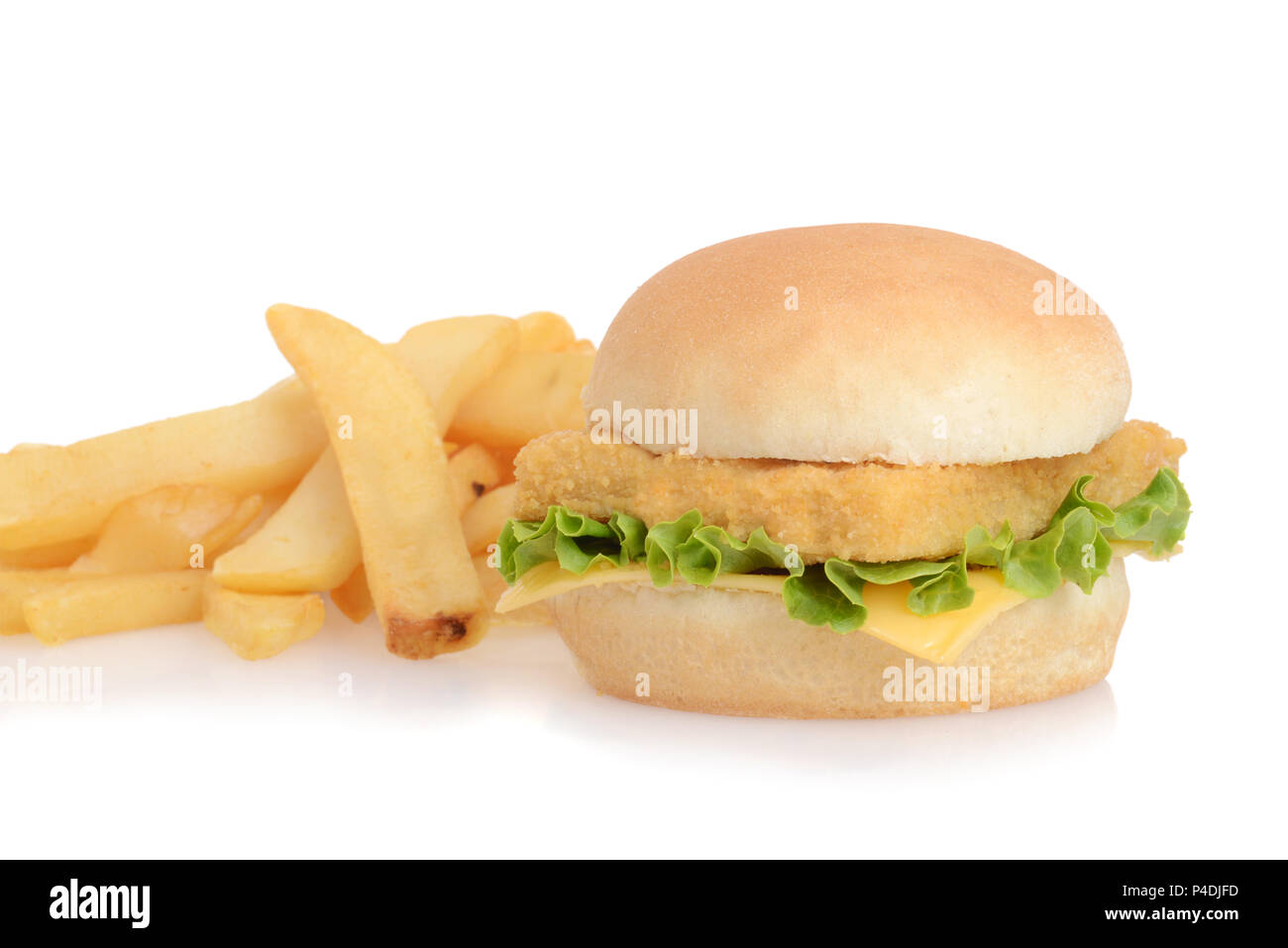 Closeup sandwich di pesce con patatine fritte Foto Stock