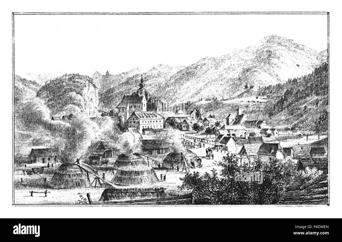 130 Hieflau - Das Hauptgewerkschaftliche Ort Hifelau - J.F.Kaiser Lithografirte Ansichten der Steiermark 1830. Foto Stock