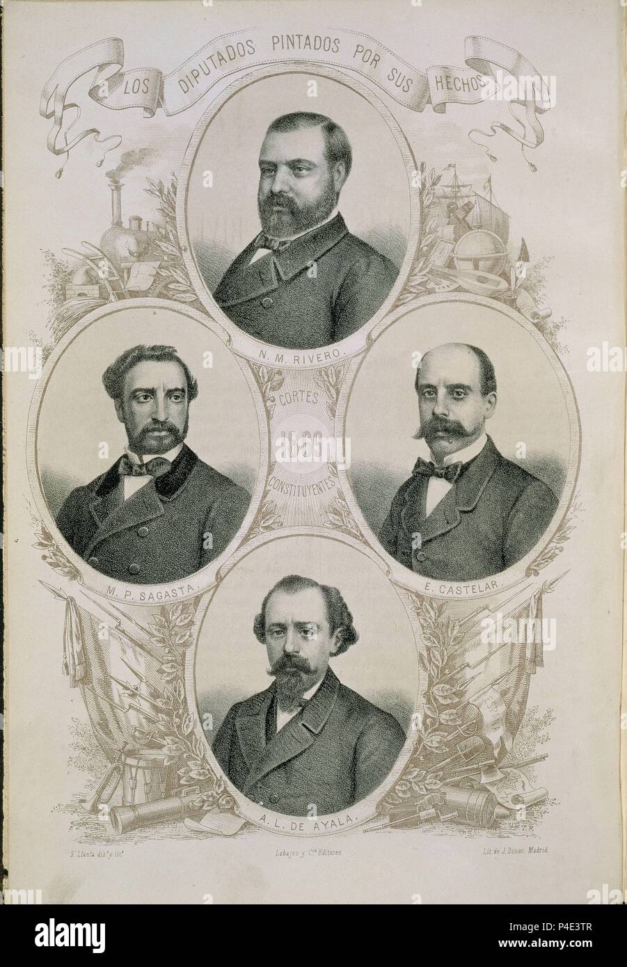 DIPUTADOS PINTADOS POR SUS HECHOS'RIVERO-SAGASTA-CASTELAR-AYALA CORTES CONSTITUYENTE 1869'. Autore: B. Llanta (XIX sec.). Posizione: Congreso de los Diputados-ARCHIVO, MADRID, Spagna. Foto Stock