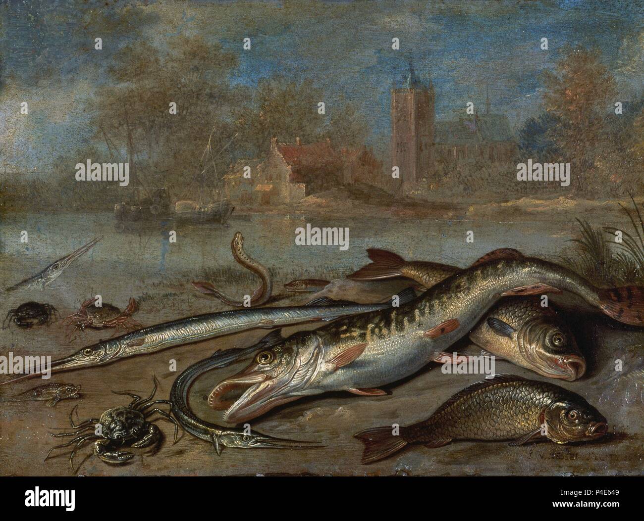 "Pesci e del paesaggio", ca. 1656, scuola fiamminga, olio su rame, 14 cm x 19 cm, P02749. Autore: Jan van Kessel il Vecchio (1626-1679). Posizione: Il MUSEO DEL PRADO-PINTURA, MADRID, Spagna. Foto Stock