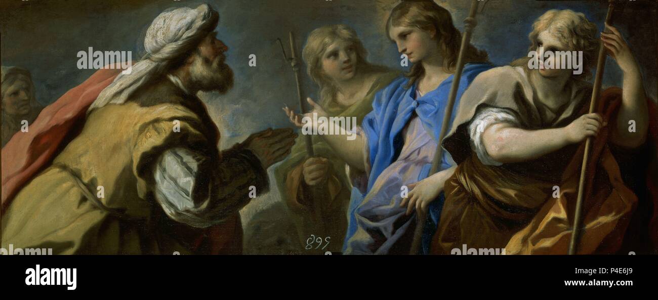 Scuola Italiana . Abramo lâ Adorazione di tre angeli. Il XVII secolo. 65x168 cm. Madrid e il museo del Prado. Spagna. Autore: Luca Giordano (1634-1705). Posizione: Il MUSEO DEL PRADO-PINTURA, MADRID, Spagna. Foto Stock
