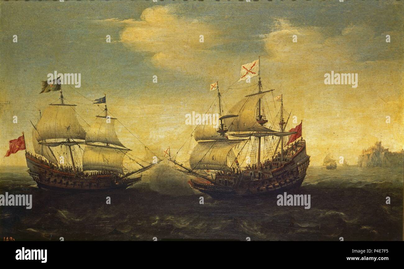 Scuola olandese. Battaglia navale. Combate Naval. Olio su tela (37 x 58 cm). Madrid, El Prado. Autore: anonimo HOLANDES. Posizione: Il MUSEO DEL PRADO-PINTURA, MADRID, Spagna. Foto Stock