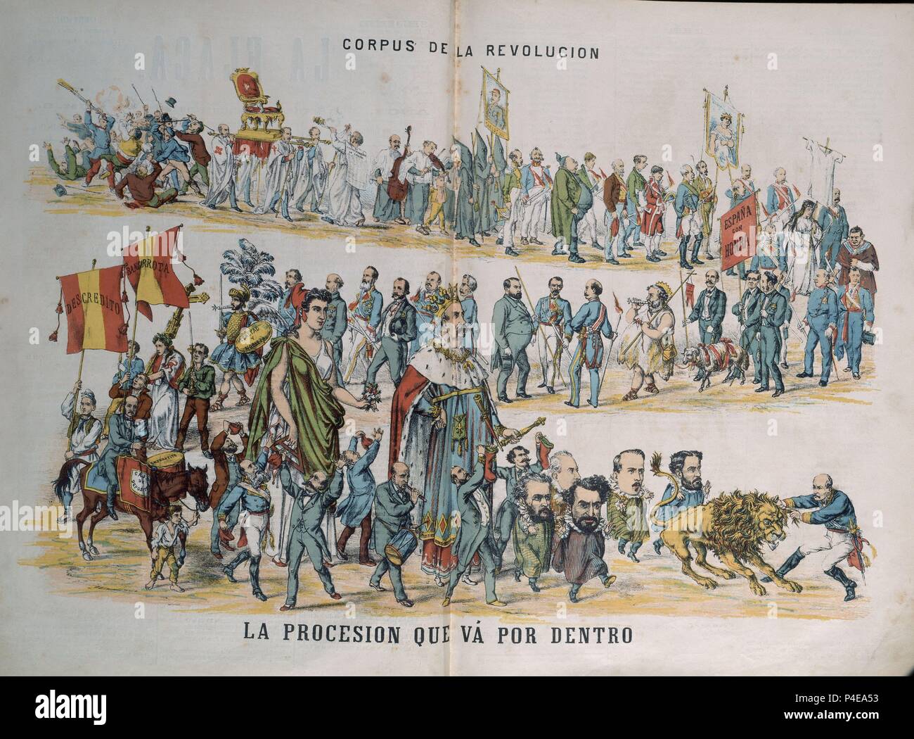 CARICATURA: CORPUS DE LA REVOLUCION 'PROCESION QUE VA POR DENTRO' - LITOGRAFIA DE LA REVISTA LA FLACA - 1869. Foto Stock