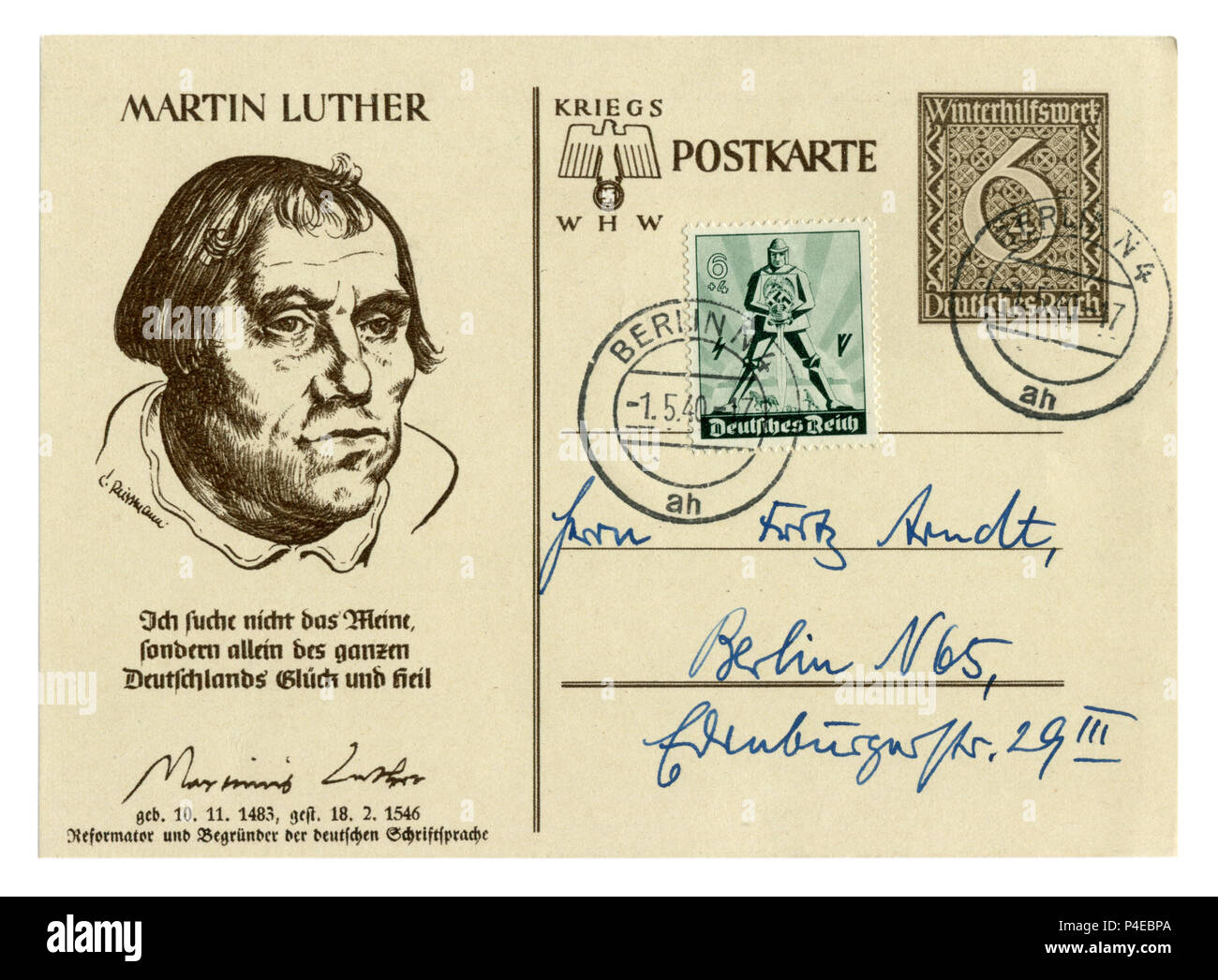 German Historical cartolina postale: Martin Luther, 'Inverno sollievo' serie personalità eminenti della Germania, edizione 1939, seconda guerra mondiale, il Terzo Reich Foto Stock