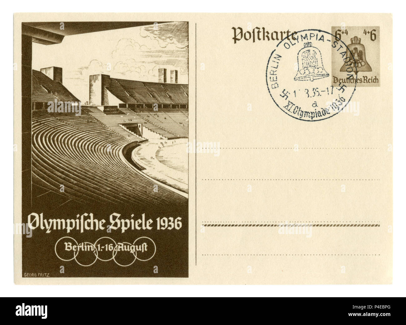 German Historical cartolina postale: XI Giochi Olimpici Estivi 1936 a Berlino, lo stadio Olimpico. La campana è un simbolo dei giochi, cancellazione speciale, Foto Stock