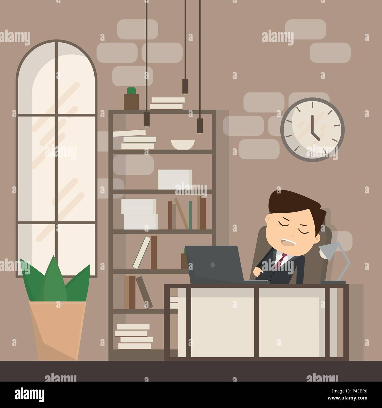 Imprenditore addormentati al suo lavoro, concetto aziendale del sonno, sonnecchia, rilassante, prendere una pausa o pigro a lavorare. Uomo dorme in ufficio. vecto Illustrazione Vettoriale