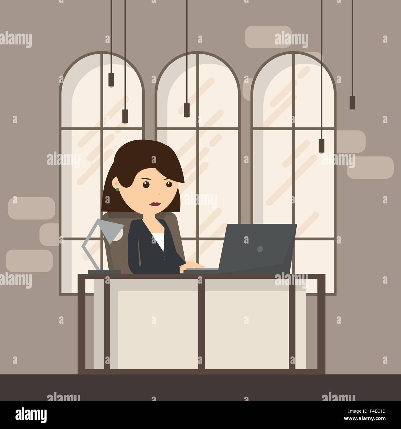 Office Workplace con tavola, finestra. Business donna o un addetto di lavorare alla sua scrivania in ufficio. Vettore illustrazione piatta Illustrazione Vettoriale