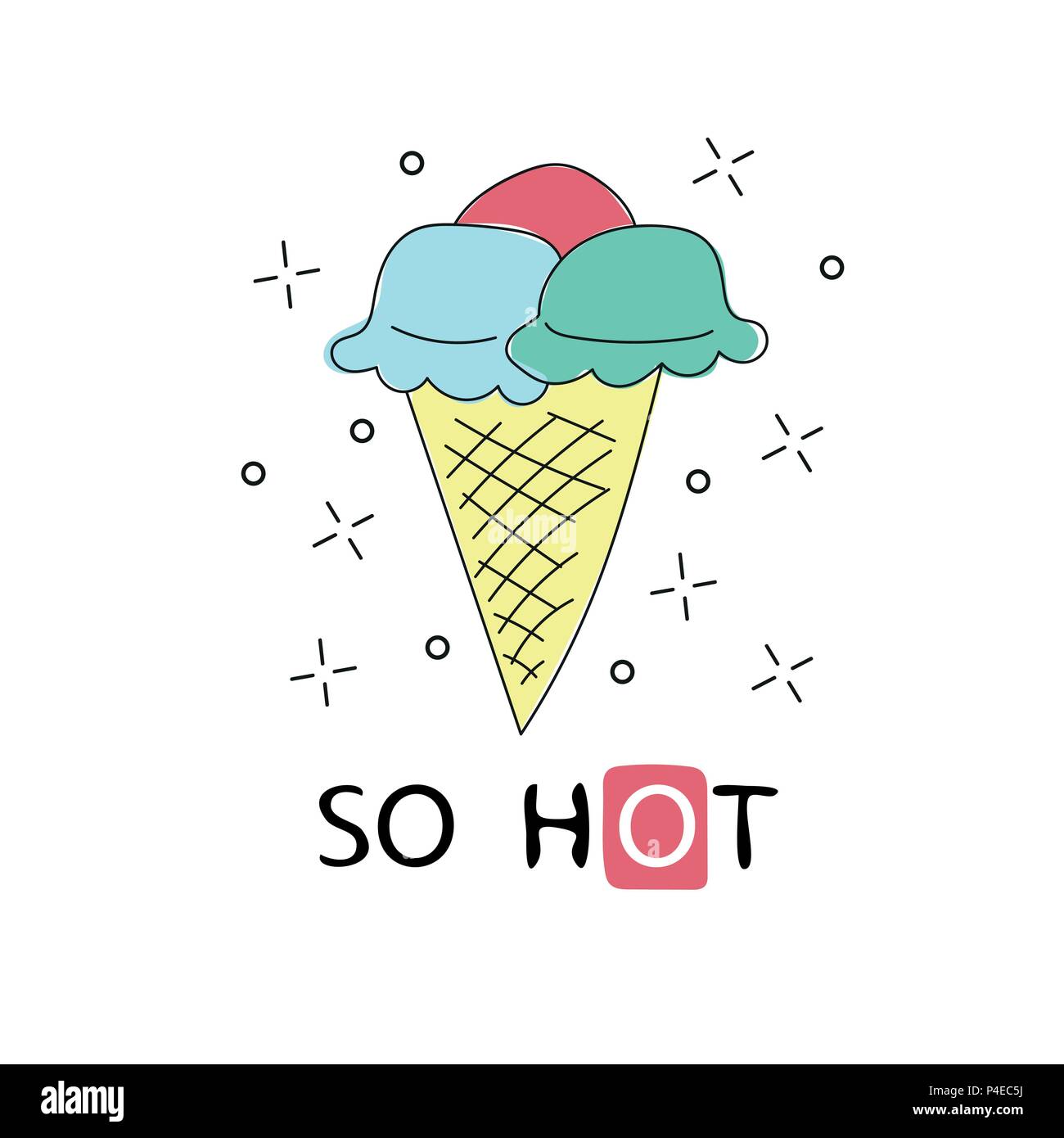 Disegnata a mano con etichetta textured cono gelato illustrazione vettoriale e così caldo il testo Illustrazione Vettoriale