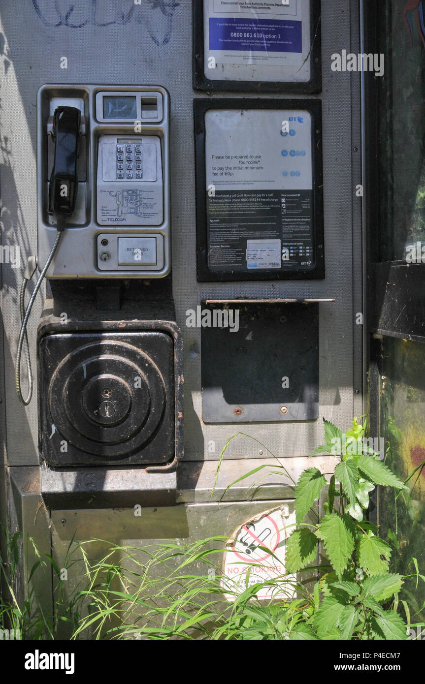 In disuso, vecchio BT telecom telefonica ricoperta da piante. Foto Stock
