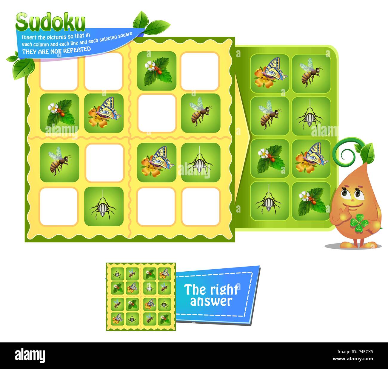 Gioco di Sudoku per bambini con le foto di insetti. Attività per bambini foglio. Logica di formazione, gioco educativo Illustrazione Vettoriale