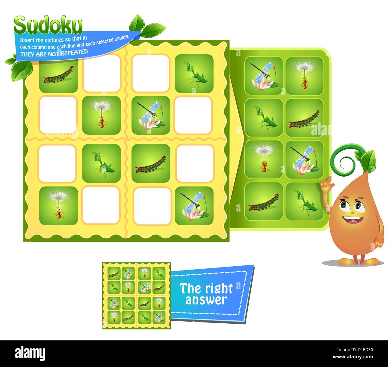 Gioco di Sudoku per bambini con le foto di insetti. Attività per bambini foglio. Logica di formazione, gioco educativo Illustrazione Vettoriale