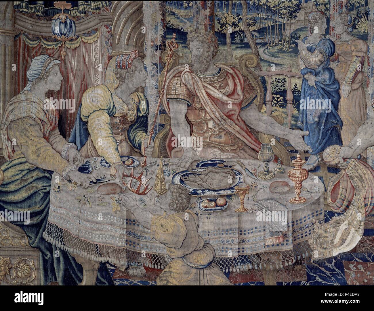 Onu - BANQUETE siglo XVII - DETALLE - MESA CON COMENSALES - TAPIZ FLAMENCO CON LA HISTORIA DE DIDO Y ENEAS - TEJIDO EN SEDA Y LANA - SERIE 116. Autore: Conelis de Ronde (fl. 1551-1589). Posizione: Congreso de los Diputados-TAPICES, MADRID, Spagna. Foto Stock