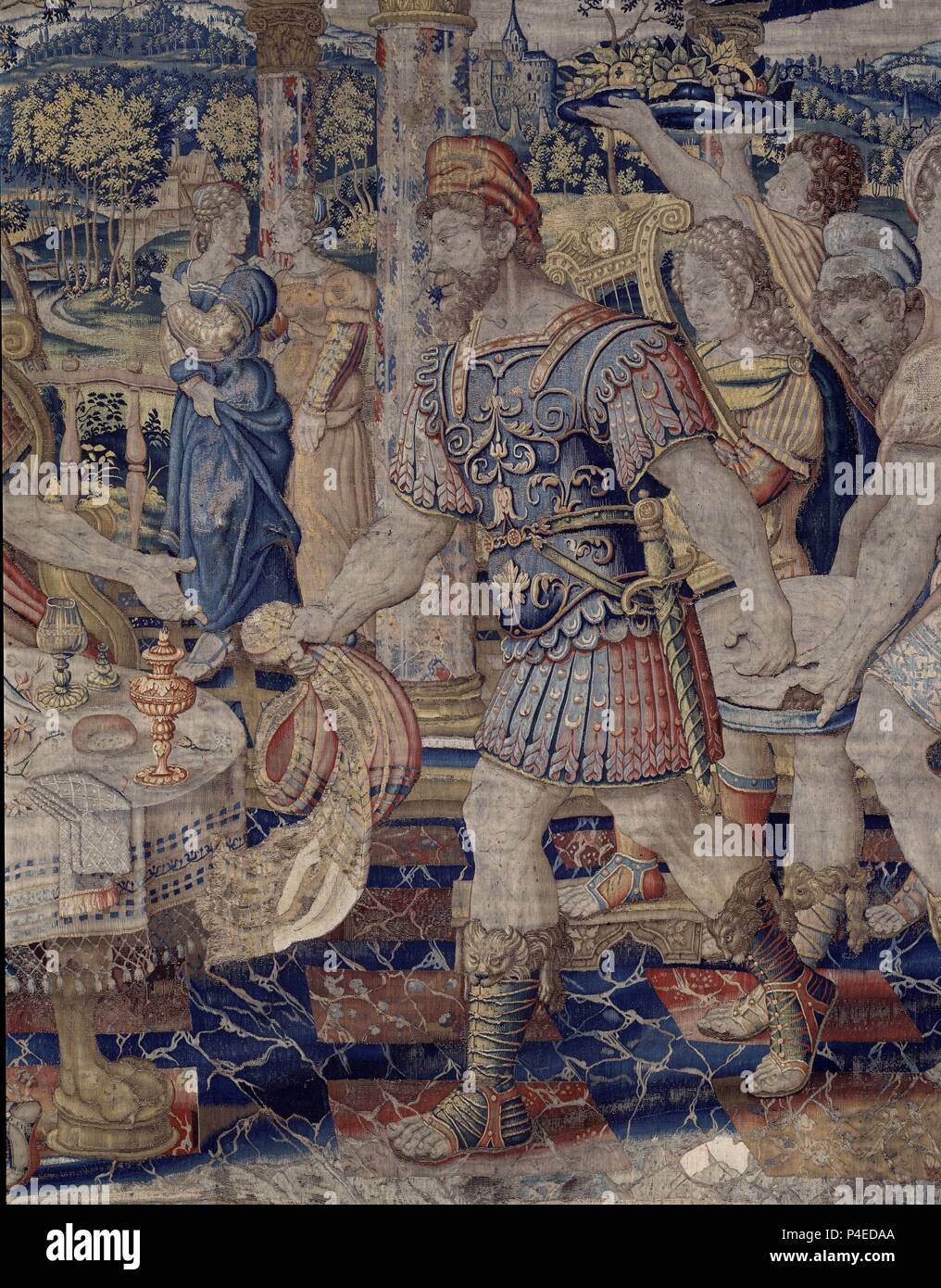 Onu - BANQUETE DETALLE DERECHO - Dido - HISTORIA DE DIDO Y ENEAS - TAPIZ FLAMENCO - siglo XVII - TEJIDO EN SEDA Y LANA - SERIE 116. Autore: Conelis de Ronde (fl. 1551-1589). Posizione: Congreso de los Diputados-TAPICES, MADRID, Spagna. Foto Stock