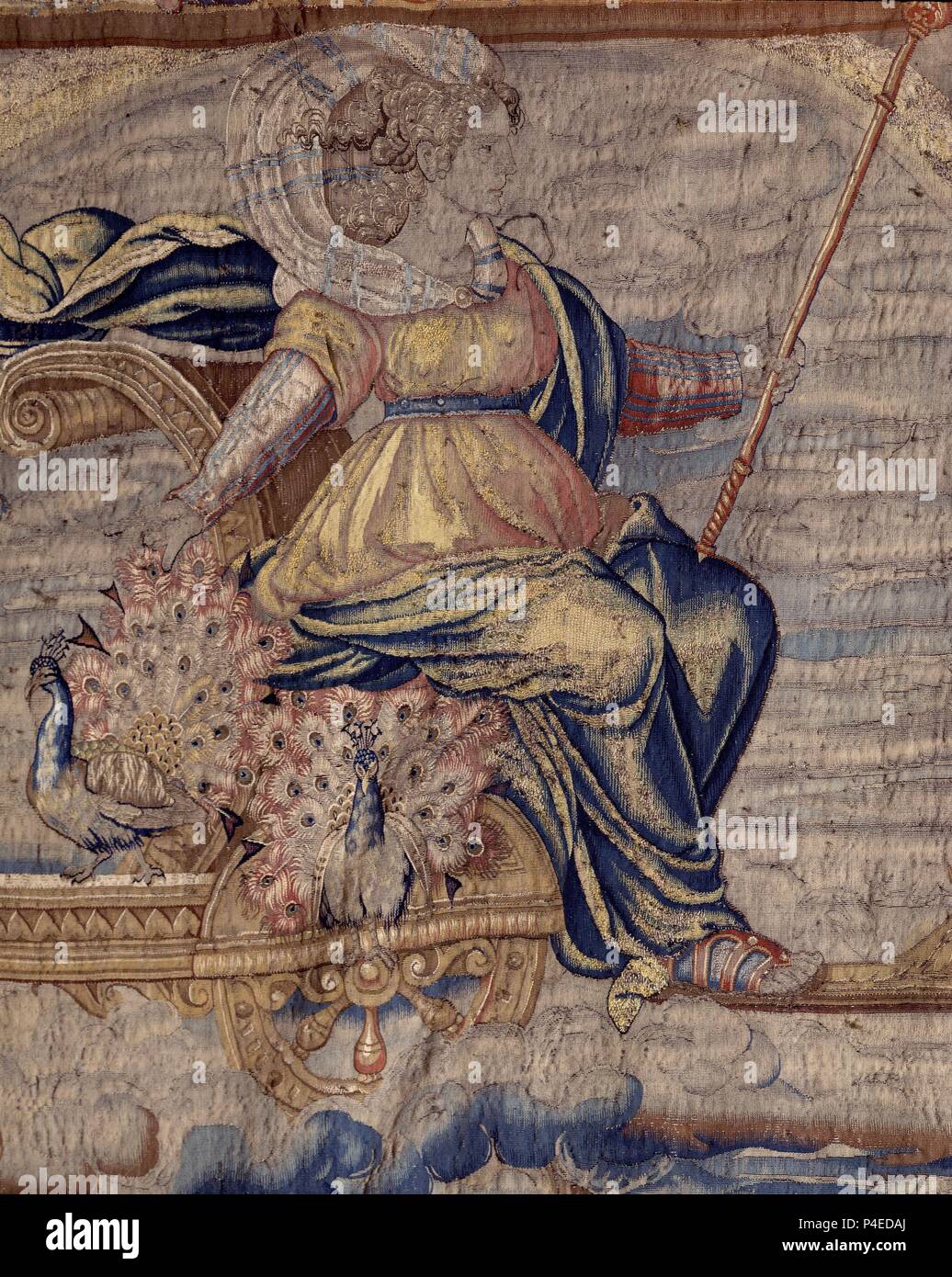 ENEAS CAMINO DE ITALIA - DETALLE SUPERIOR IZQUIERDO - Dido - HISTORIA DE DIDO Y ENEAS -TAPIZ DE BRUSELAS - siglo XVII - SERIE 116. Autore: Conelis de Ronde (fl. 1551-1589). Posizione: Congreso de los Diputados-TAPICES, MADRID, Spagna. Foto Stock