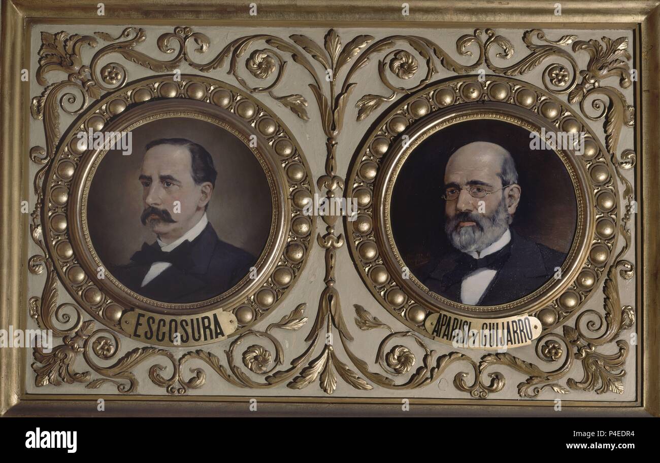 SALON DE CONFERENCIAS - MEDALLON: PATRICIO DE LA ESCOSURA Y ANTONIO APARISI Y GUIJARRO - 1884. Autore: Josep Nin y Tudó (1840-1908). Posizione: Congreso de los Diputados-PINTURA, MADRID, Spagna. Foto Stock