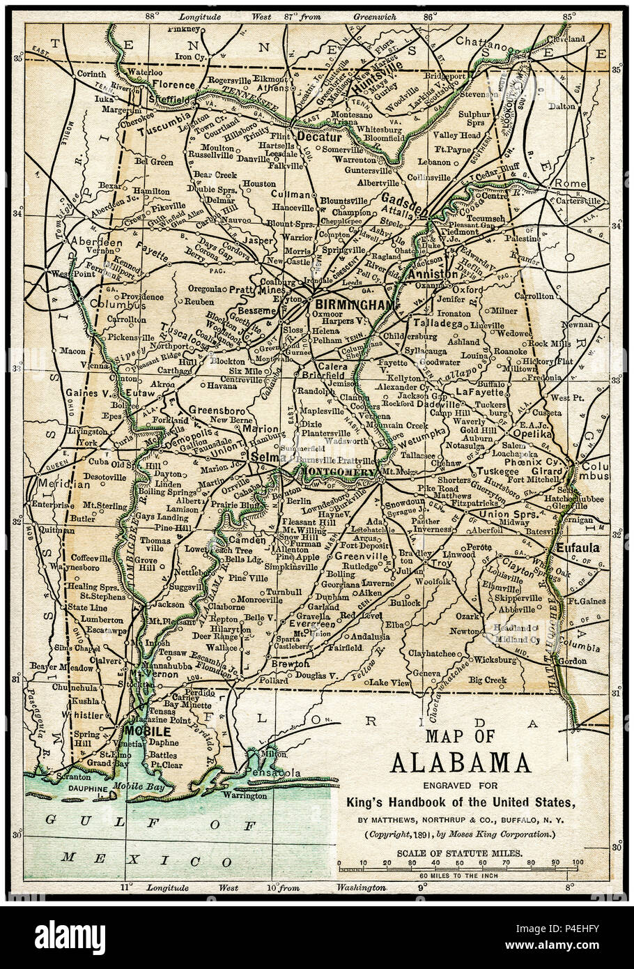 In Alabama mappa Antichi 1891: Mappa di Alabama da un 1891 Guida. Mappa è da una guida per gli Stati Uniti da parte di Mosè re: "La mano del re-libro degli Stati Uniti". Data di pubblicazione: 1891. Mosè King (1853 1909) era un americano ed editore di libri di viaggio. Foto Stock