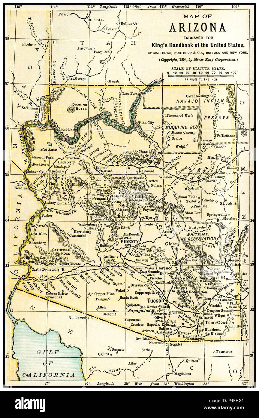 Arizona territorio mappa Antichi 1891: Mappa di Arizona (prima di statualità) da un 1891 Guida. Mappa è da una guida per gli Stati Uniti da parte di Mosè re: "La mano del re-libro degli Stati Uniti". Data di pubblicazione: 1891. Mosè King (1853 1909) era un americano ed editore di libri di viaggio. Foto Stock