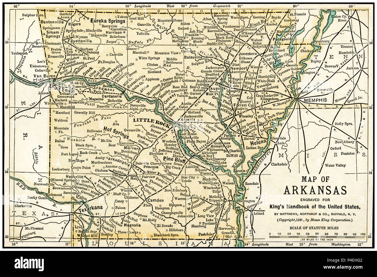 Arkansas mappa Antichi 1891: Mappa di Arkansas da un 1891 Guida. Mappa è da una guida per gli Stati Uniti da parte di Mosè re: "La mano del re-libro degli Stati Uniti". Data di pubblicazione: 1891. Mosè King (1853 1909) era un americano ed editore di libri di viaggio. Foto Stock
