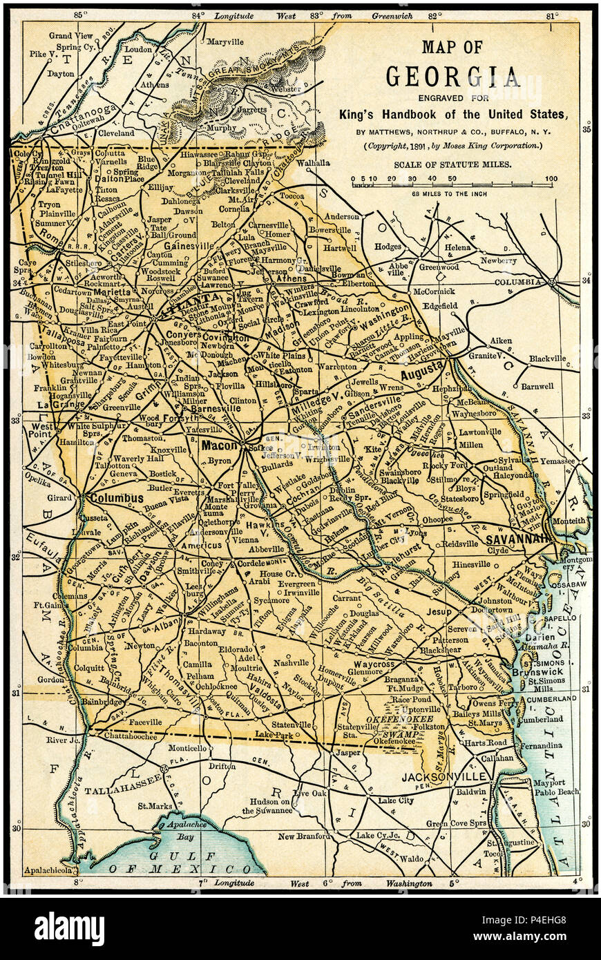 La Georgia mappa Antichi 1891: Mappa della Georgia da un 1891 Guida. Mappa è da una guida per gli Stati Uniti da parte di Mosè re: "La mano del re-libro degli Stati Uniti". Data di pubblicazione: 1891. Mosè King (1853 1909) era un americano ed editore di libri di viaggio. Foto Stock