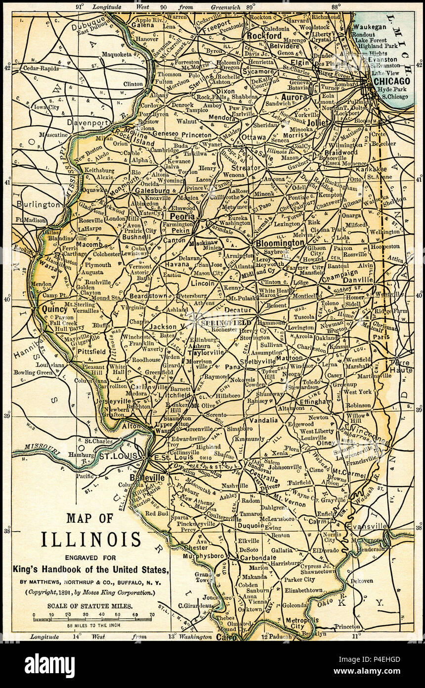 Illinois mappa Antichi 1891: Mappa di Illinois da un 1891 Guida. Mappa è da una guida per gli Stati Uniti da parte di Mosè re: "La mano del re-libro degli Stati Uniti". Data di pubblicazione: 1891. Mosè King (1853 1909) era un americano ed editore di libri di viaggio. Gli Stati Uniti 1891 Foto Stock Illinois mappa Antichi 1891: Mappa di Illinois da un 1891 Guida. Mappa è da una guida per gli Stati Uniti da parte di Mosè re: "La mano del re-libro degli Stati Uniti". Data di pubblicazione: 1891. Mosè King (1853 1909) era un americano ed editore di libri di viaggio. Gli Stati Uniti 1891 Foto Stock