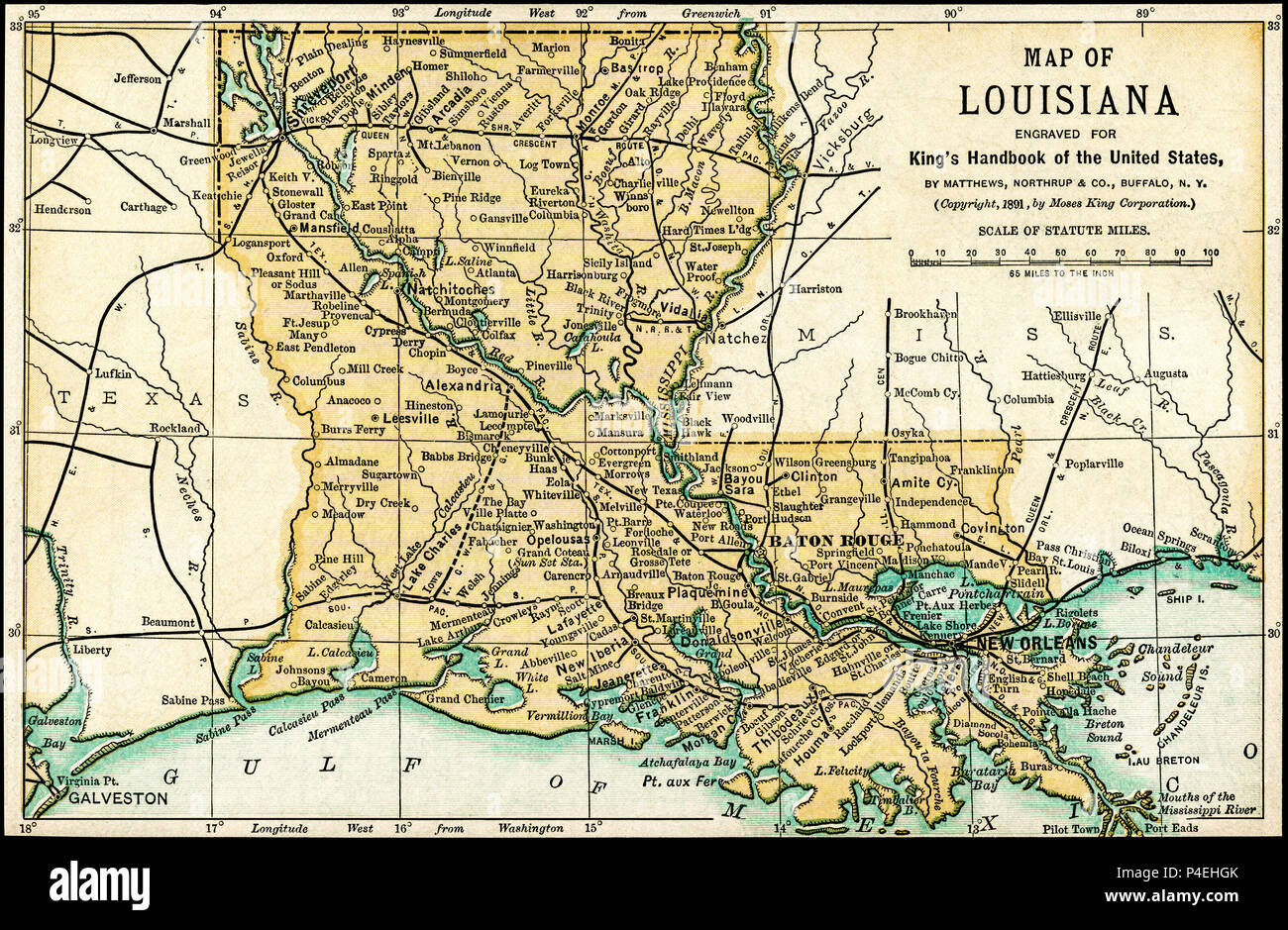 Louisiana mappa Antichi 1891: Mappa della Louisiana da un 1891 guida: "King's Hand-Book degli Stati Uniti". Data di pubblicazione: 1891. Mosè King (1853 1909) era un americano ed editore di libri di viaggio. Foto Stock