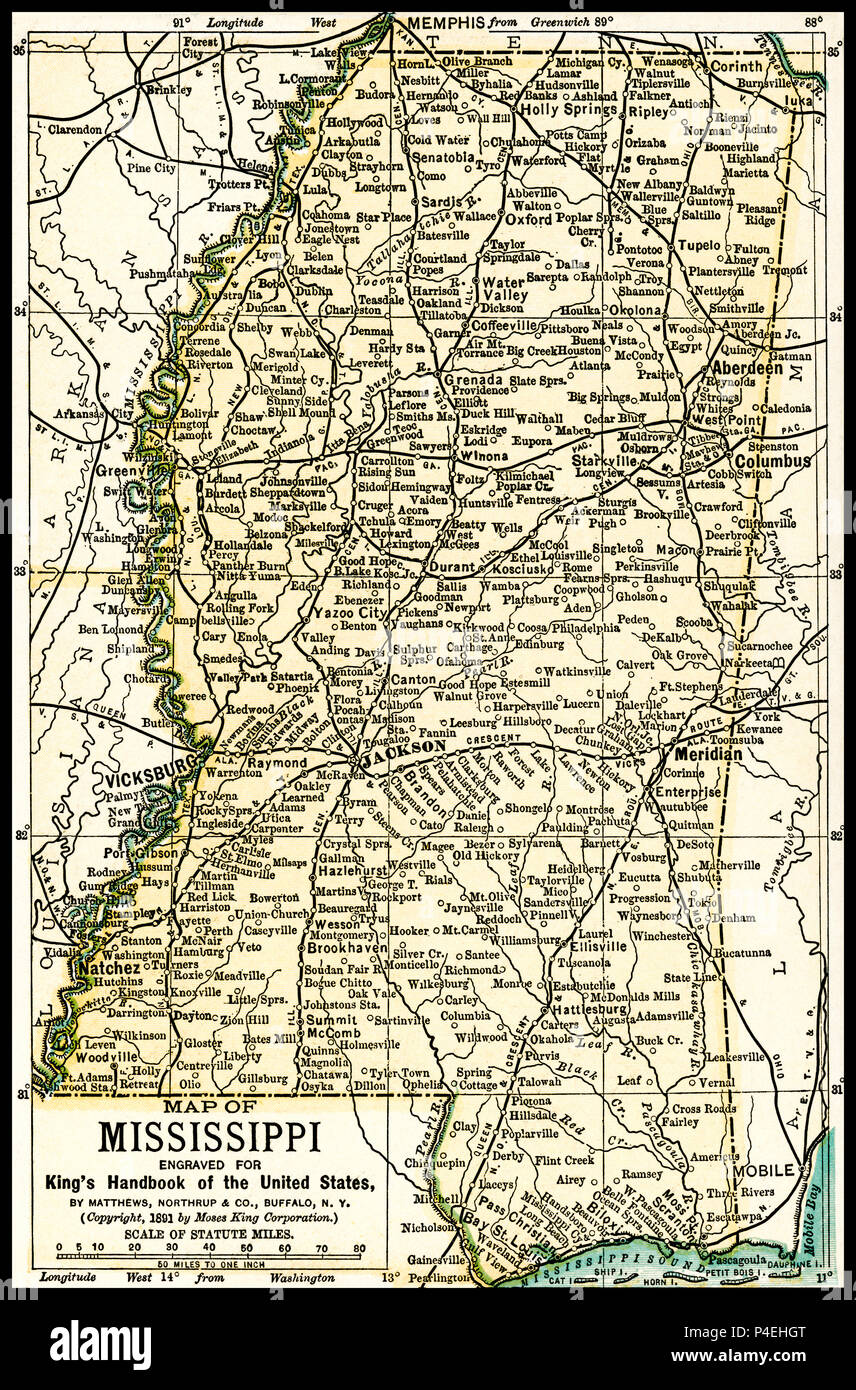Mississippi mappa Antichi 1891: Mappa del Mississippi da un 1891 guida: "King's Hand-Book degli Stati Uniti". Data di pubblicazione: 1891. Mosè King (1853 1909) era un americano ed editore di libri di viaggio. Foto Stock