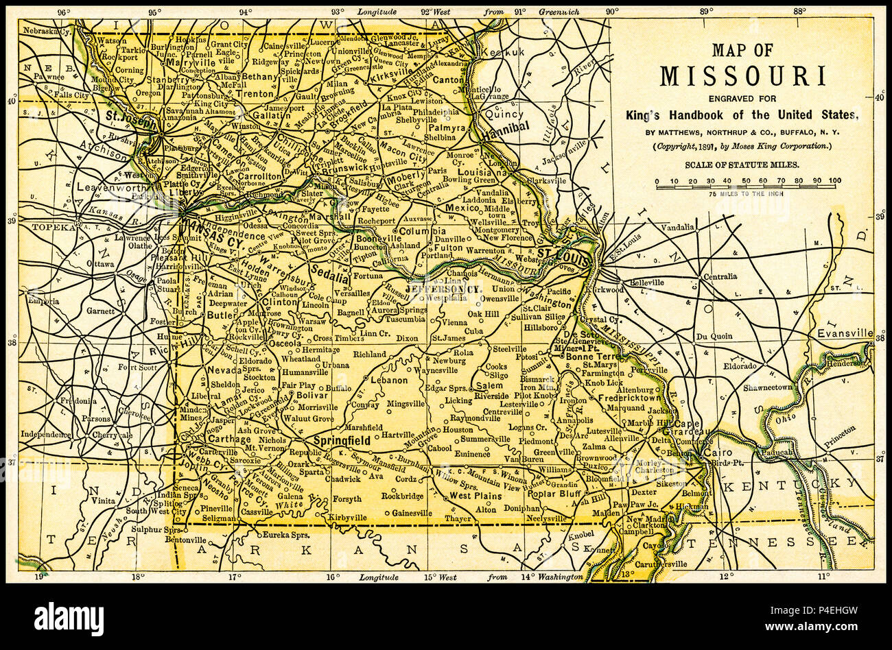 Missouri mappa Antichi 1891: Mappa del Missouri da un 1891 guida: "King's Hand-Book degli Stati Uniti". Data di pubblicazione: 1891. Mosè King (1853 1909) era un americano ed editore di libri di viaggio. Foto Stock