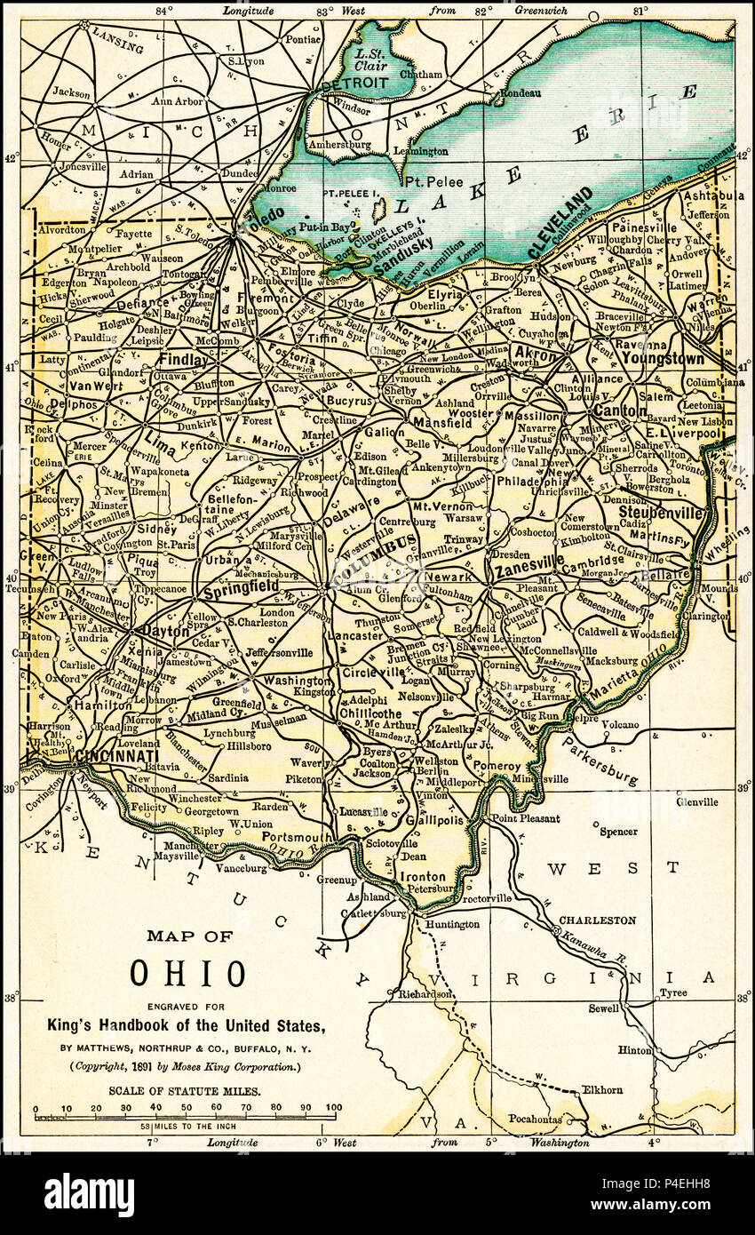 Ohio mappa Antichi 1891: Mappa di Ohio da un 1891 guida: "King's Hand-Book degli Stati Uniti". Data di pubblicazione: 1891. Mosè King (1853 1909) era un americano ed editore di libri di viaggio. Foto Stock