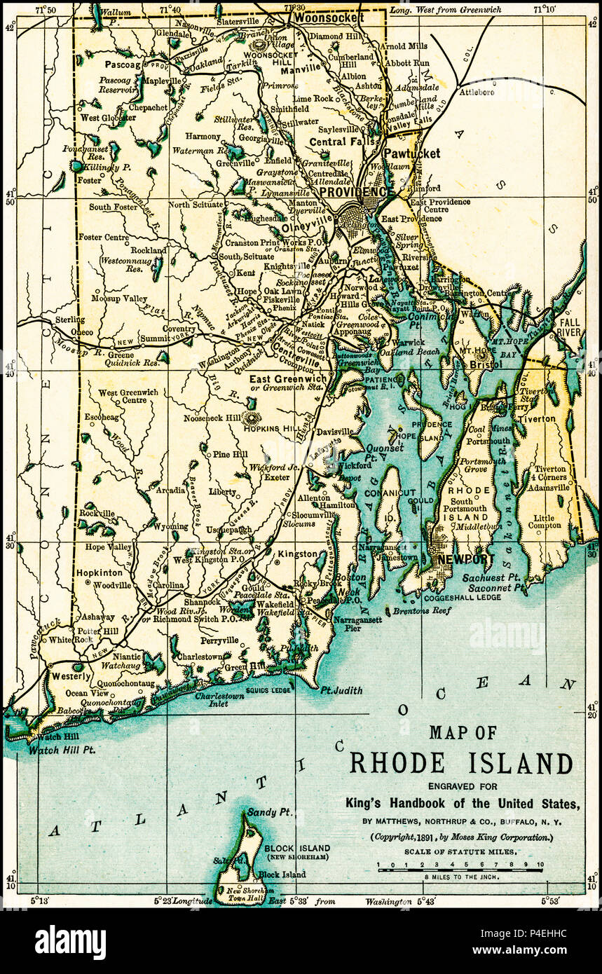 Mappa di Rhode Island da un 1891 guida: "King's Hand-Book degli Stati Uniti". Data di pubblicazione: 1891. Mosè King (1853 1909) era un americano ed editore di libri di viaggio. Foto Stock