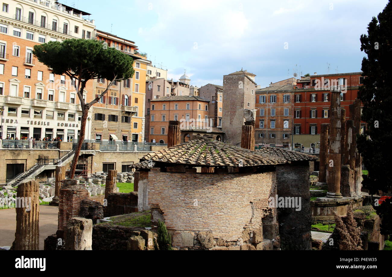 Le rovine del Teatro di Pompeo - dove Giulio Cesare fu assassinato - in Largo di Torre Argentina, Roma. Ora la casa di decine di gatti randagi. Foto Stock