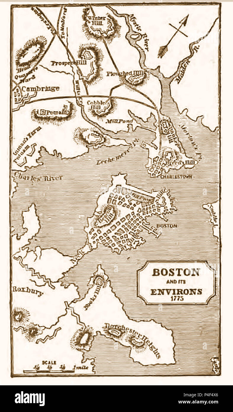 Xviii secolo (1775) Mappa di Boston, Massachusetts, USA e dintorni con nomi di luogo Foto Stock