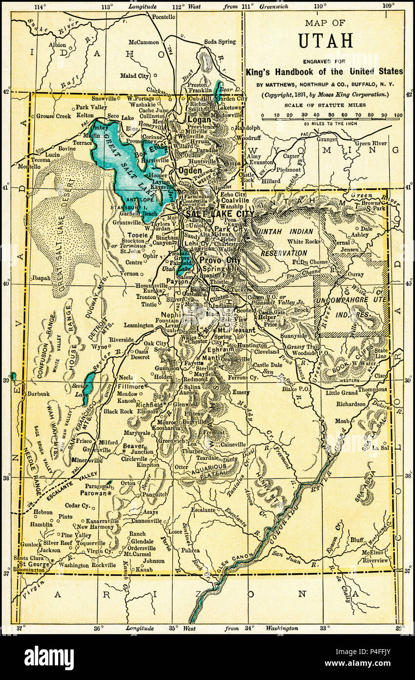 Utah Antique Map 1891 Mappa dello Utah (prima di statualità) da un 1891 guida: "King's Hand-Book degli Stati Uniti". Data di pubblicazione: 1891. Mosè King (1853 1909) era un americano ed editore di libri di viaggio. Foto Stock