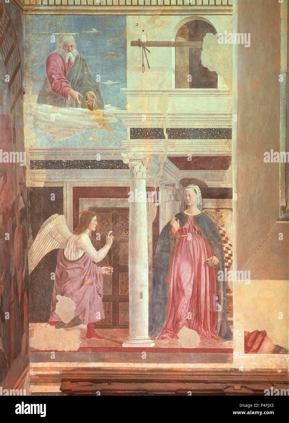 Annunciazione, dalla vera Croce ciclo - 1464 - 329x193 cm - Affresco. Autore: Piero della Francesca (c. 1415-1492). Posizione: Iglesia de San Francisco, Arezzo. Noto anche come: ANUNCIACION; LA ANUNCIACION. Foto Stock