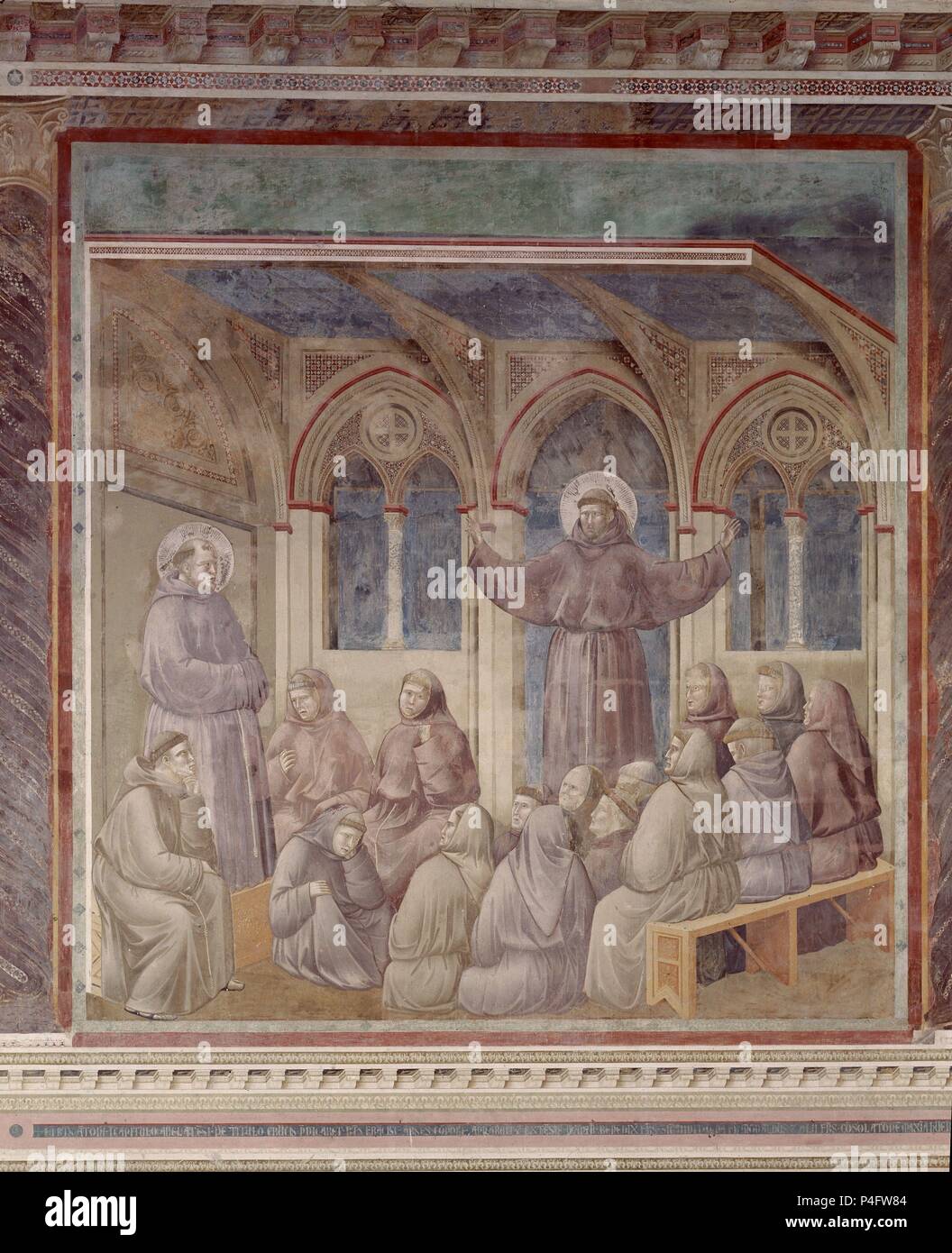 HISTORIA DE SAN FRANCISCO - LA APARICION AL CAPITULO DE ARLES - 1297/1300 - Affresco - 270x230. Autore: Giotto di Bondone (1266-1337). Posizione: Basilica de San Francisco, Assisi, Italia. Foto Stock
