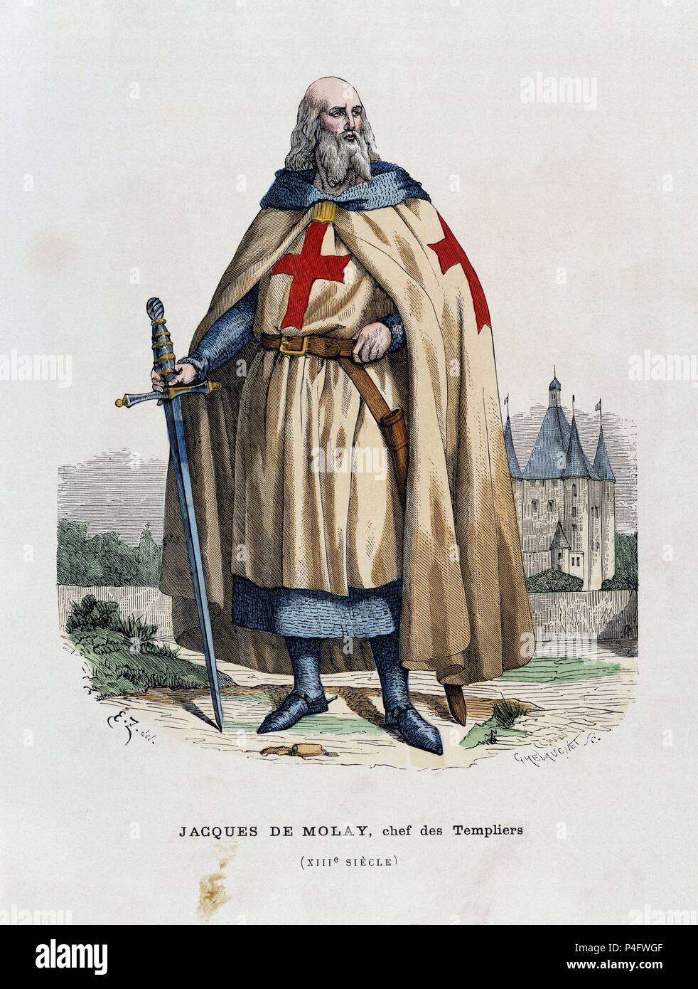Jacques de Molay Gran Maestro dei Cavalieri Templari (1248-1314) . Incisione. Autore: Chevadonet (XIII sec.). Foto Stock