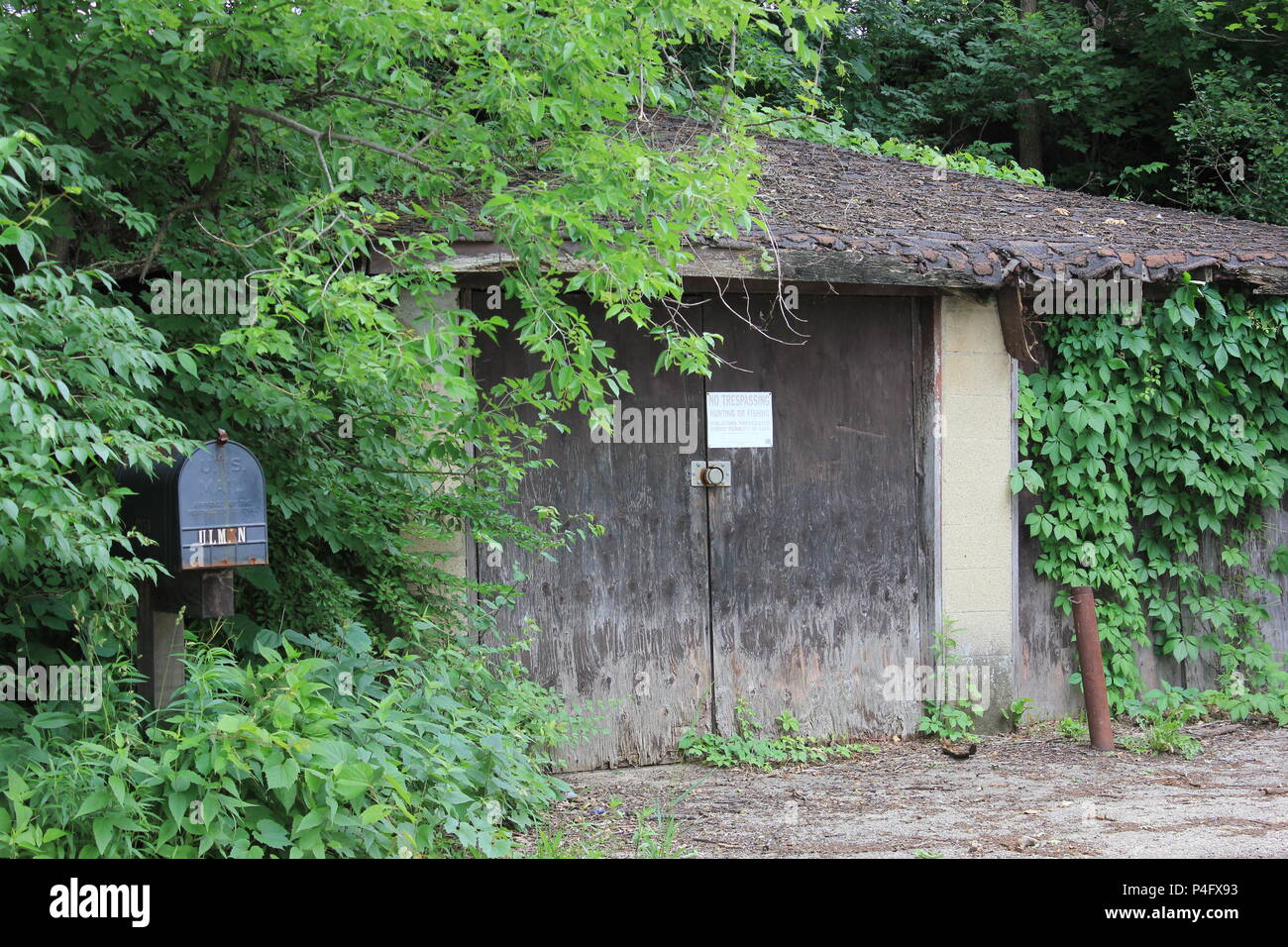 Il pittoresco garage e porta lungo il bluff Road e l'Illinois e Michigan Canal nel centro storico di Lemont, Illinois. Foto Stock