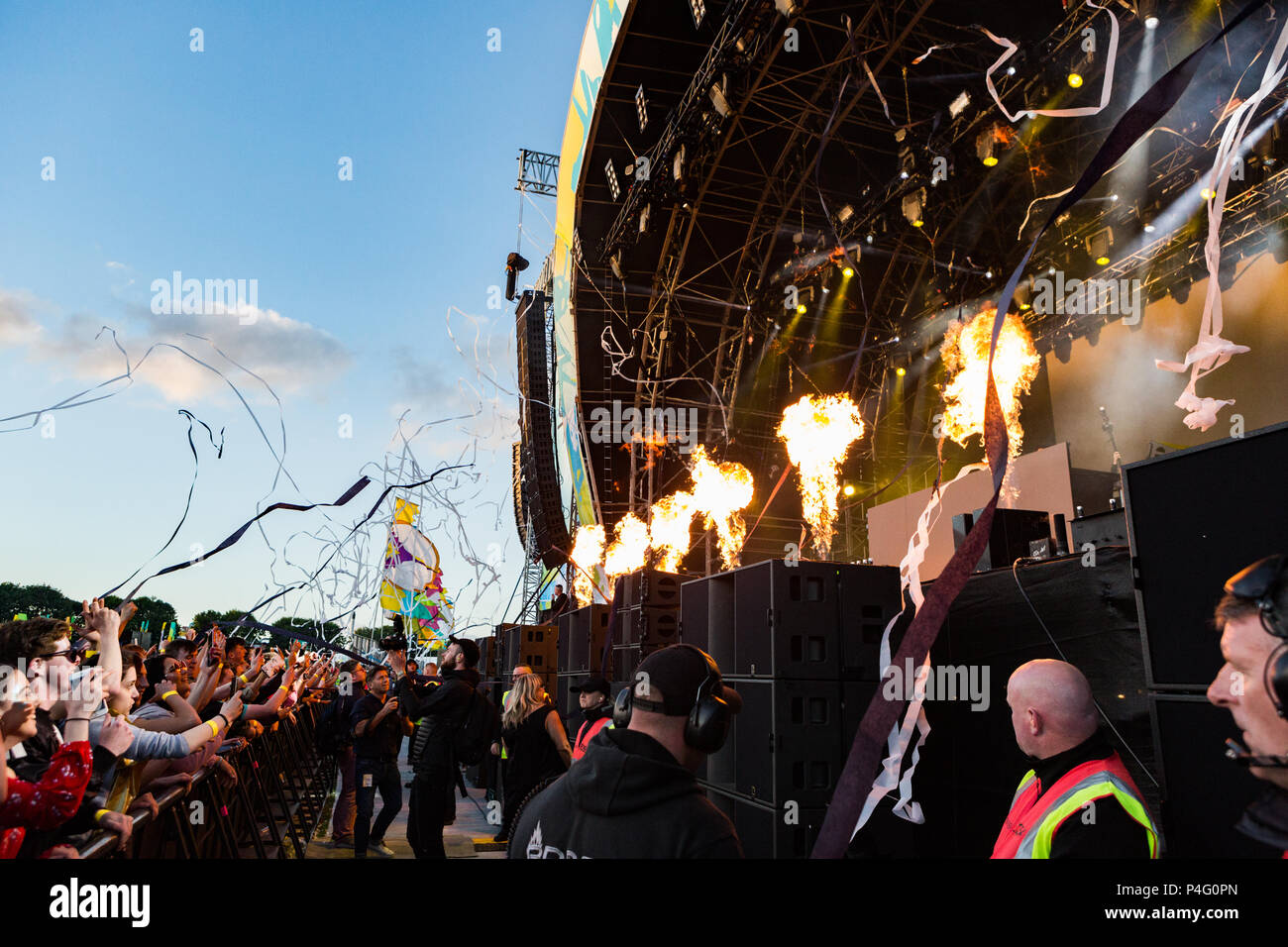 Belfast, Irlanda del Nord, Regno Unito. Il 21 giugno, 2018. Timmy tromba imposta la fase variopinto a Belsonic Festival, Irlanda del Nord Foto Stock