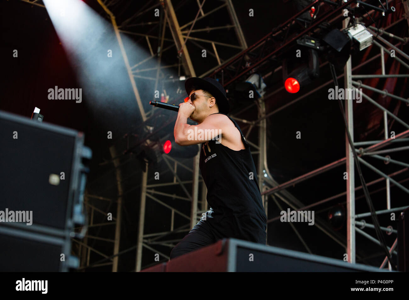 Belfast, Irlanda del Nord, Regno Unito. Il 21 giugno, 2018. Timmy tromba imposta la fase variopinto a Belsonic Festival, Irlanda del Nord Foto Stock