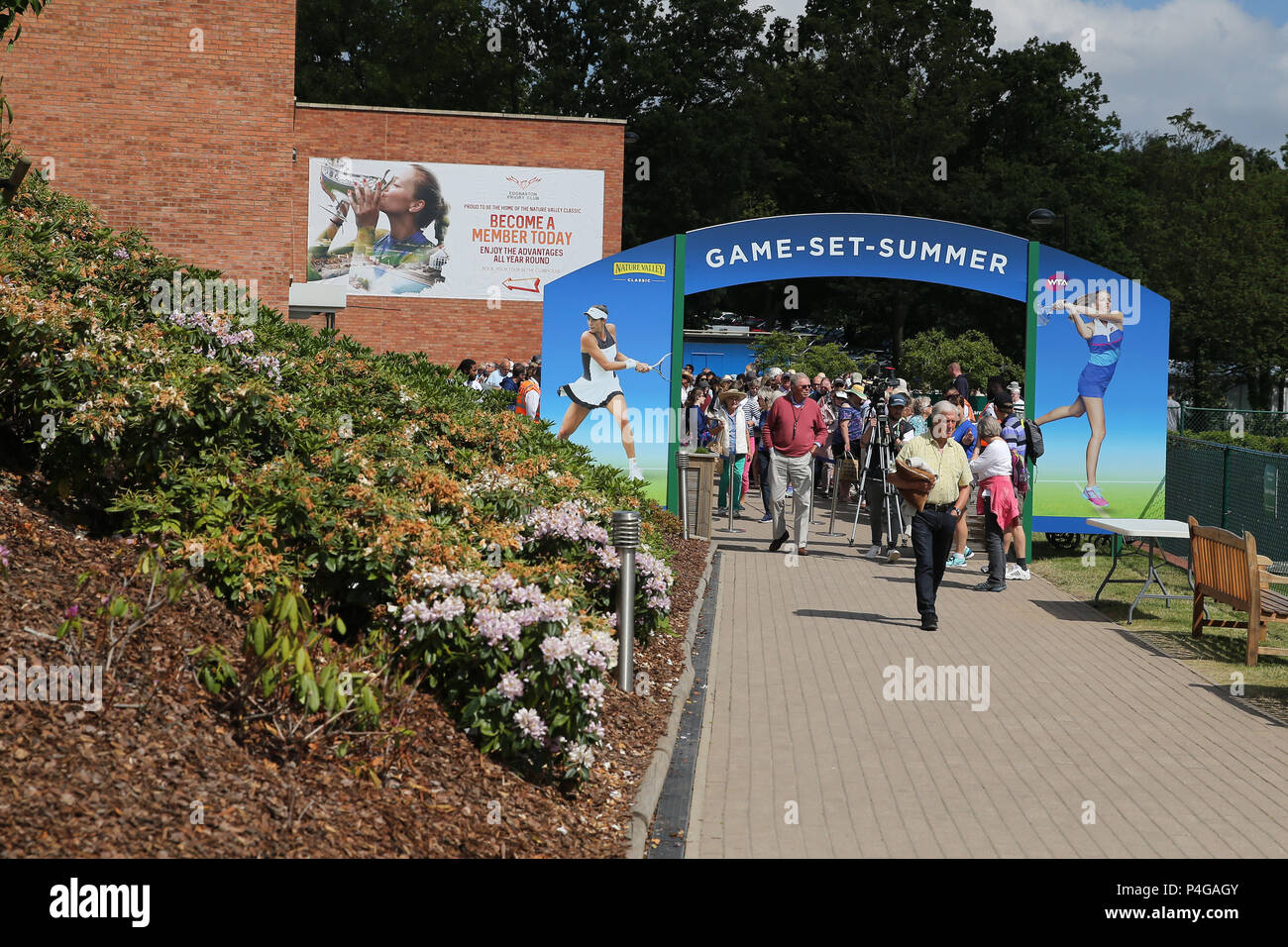 Scene in generale i dintorni i motivi al Priory club davanti a giocare. Natura Valle Classic 2018, internazionale di tennis femminile, giorno 5 al Edgbaston Priory Club a Birmingham, Inghilterra su Venerdì 22 Giugno 2018. pic da Andrew Orchard/Alamy Live News Foto Stock