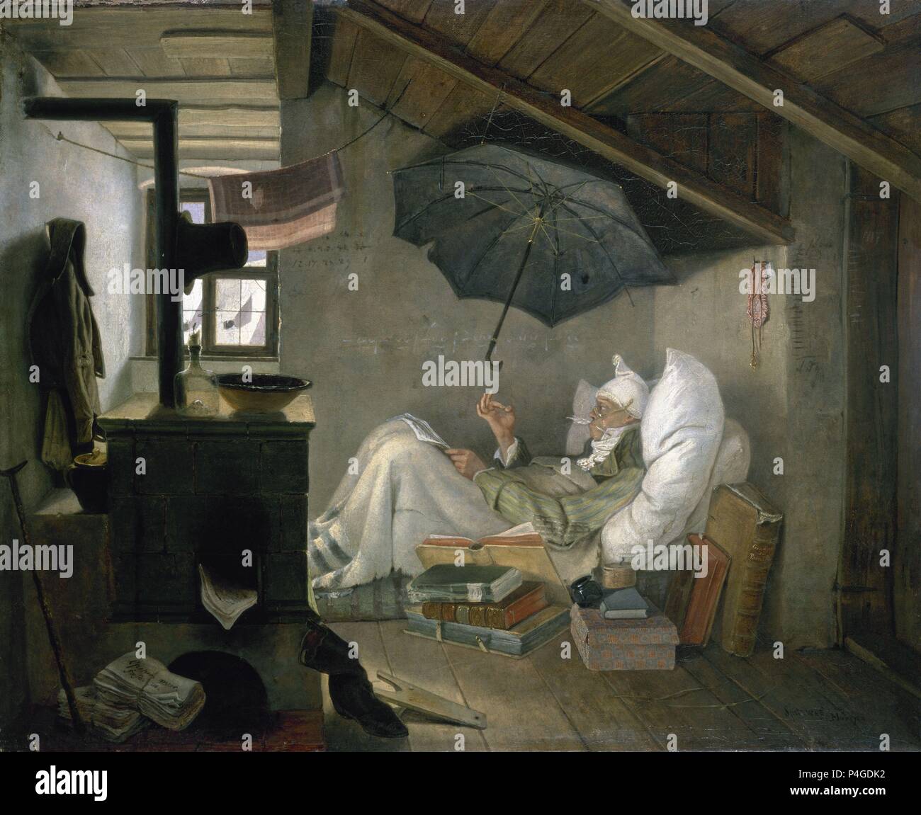 EL POETA POBRE - 1839 - ROMANTICISMO ALEMAN - 36,2x44,6. Autore: Carl Spitzweg (1808-1885). Posizione: Neue Pinakothek, Monaco di Baviera, Germania. Foto Stock