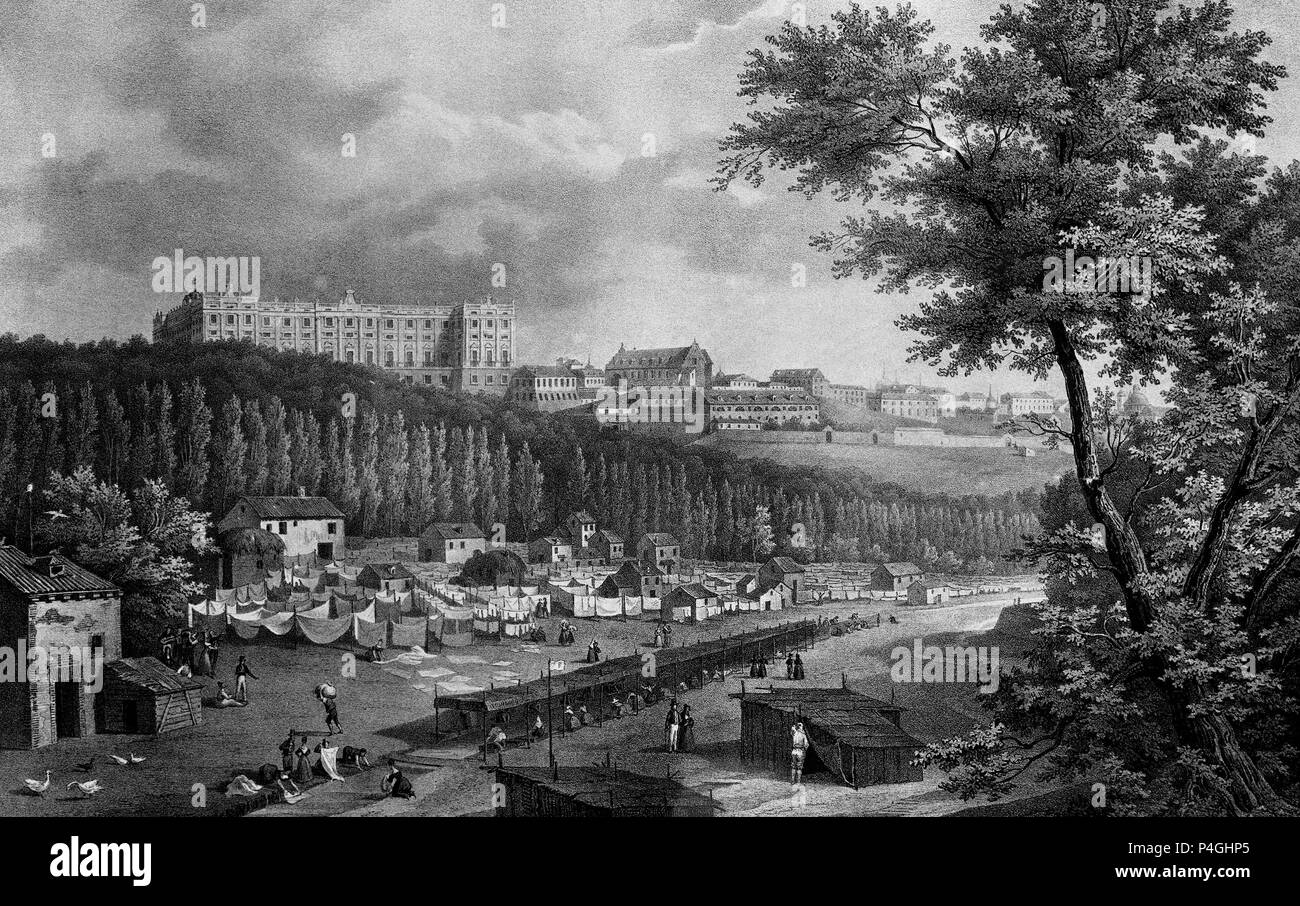 VISTA DEL RIO MANZANARES CON PARTE DE MADRID Y Palacio Real - GRABADO SIGLO XIX. Autore: Fernando Brambila (1763-1832). Posizione: Museo Romantico-GRABADO, Spagna. Foto Stock