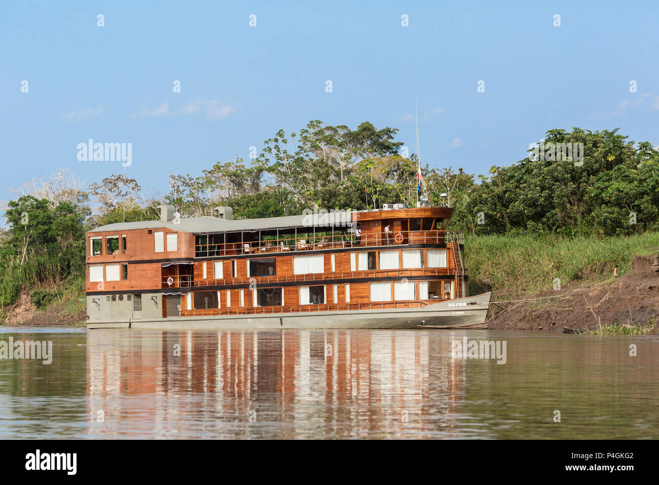 La spedizione in barca sul fiume Delfin II vicino Lago Clavero, Superiore Amazzonia, Loreto, Perù Foto Stock