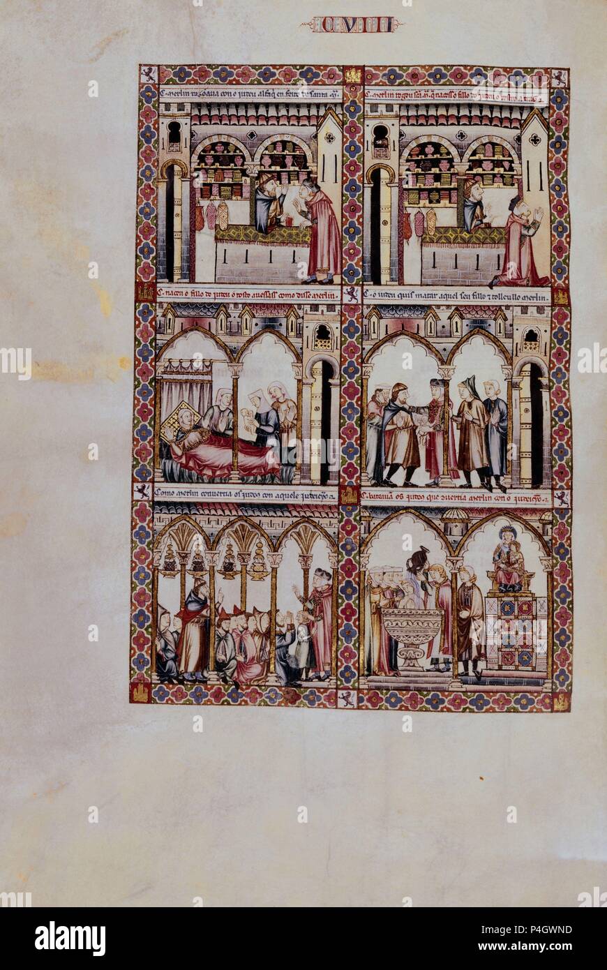 MTI1-CANTIGA sta. Maria Nº108-F155V-MERLIN PIDE QUE EL HIJO DEL JUDIO NAZCA CON ROSTRO HACIA ATRAS-. Autore: Alfonso X di Castiglia il Saggio (1221-1284). Posizione: MONASTERIO-BIBLIOTECA-COLECCION, San Lorenzo del El Escorial, Madrid, Spagna. Foto Stock