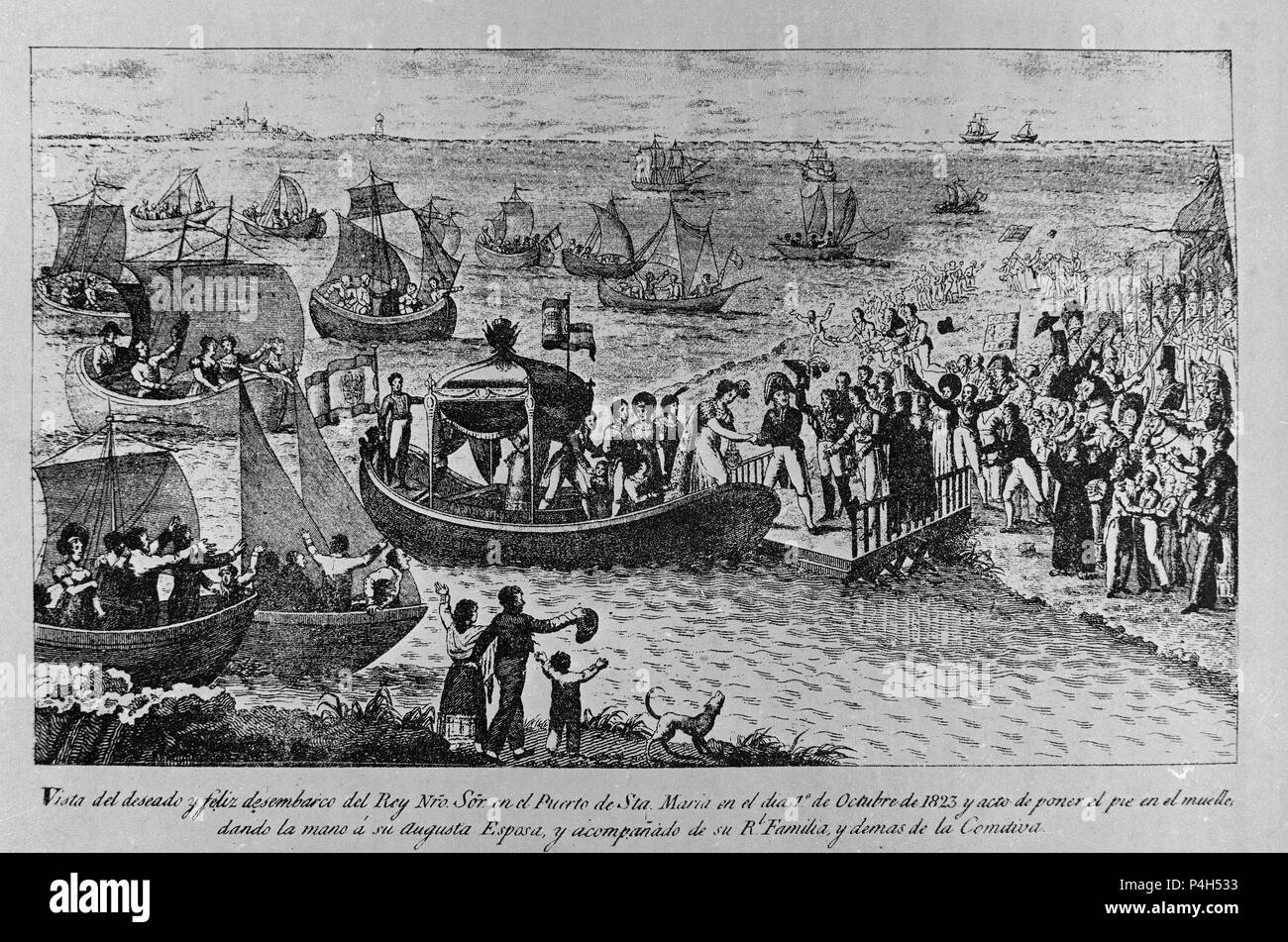 DESEMBARCO DE FERNANDO VII EN EL PUERTO DE SANTA MARIA EL 1 de octubre de 1823 - GRABADO - SIGLO XIX. Posizione: Museo Romantico-GRABADO, MADRID, Spagna. Foto Stock