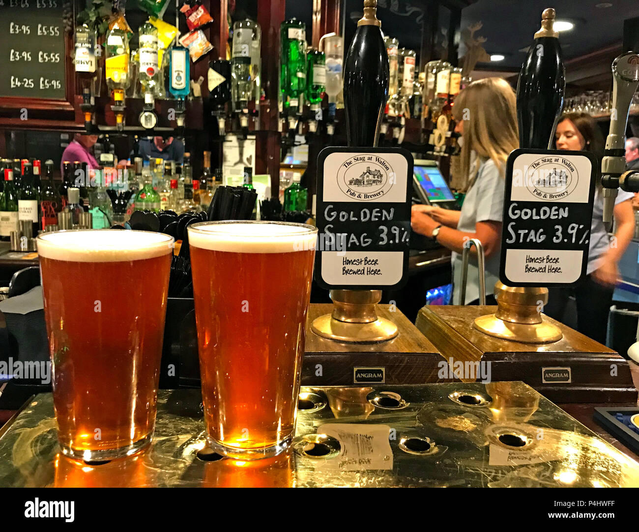 Golden Stag, birra artigianale, prodotta al The Stag, Lower Walton, Warrington, Cheshire, Inghilterra, Regno Unito, due pinte in un bar Foto Stock