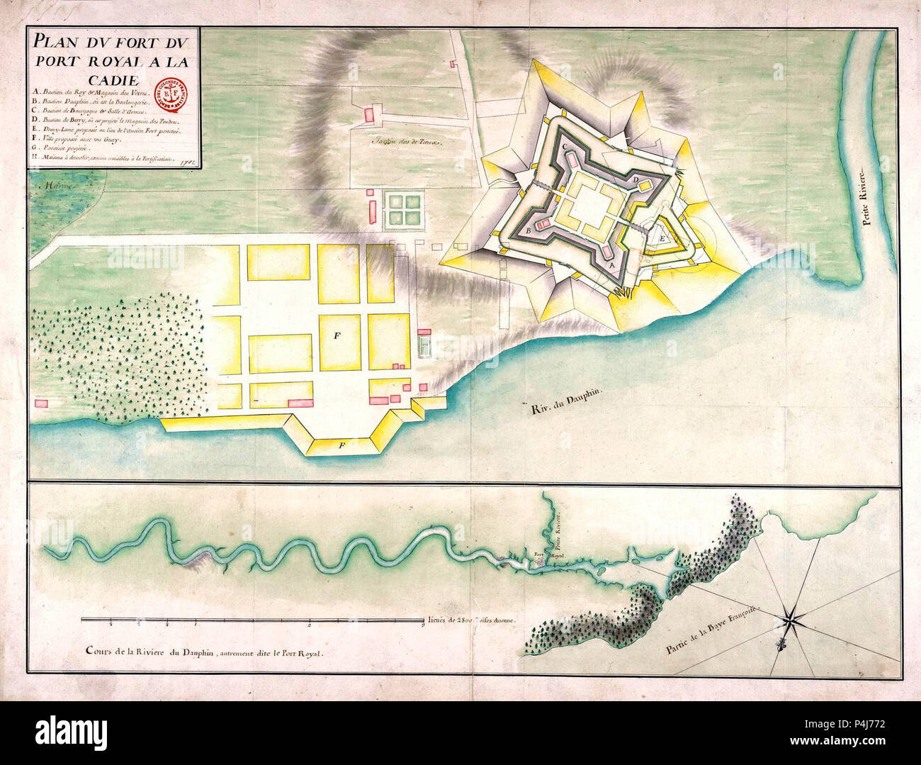 Un'ingegneria militare mappa del fort a Port Royal, Acadia, circa 1702 Foto Stock