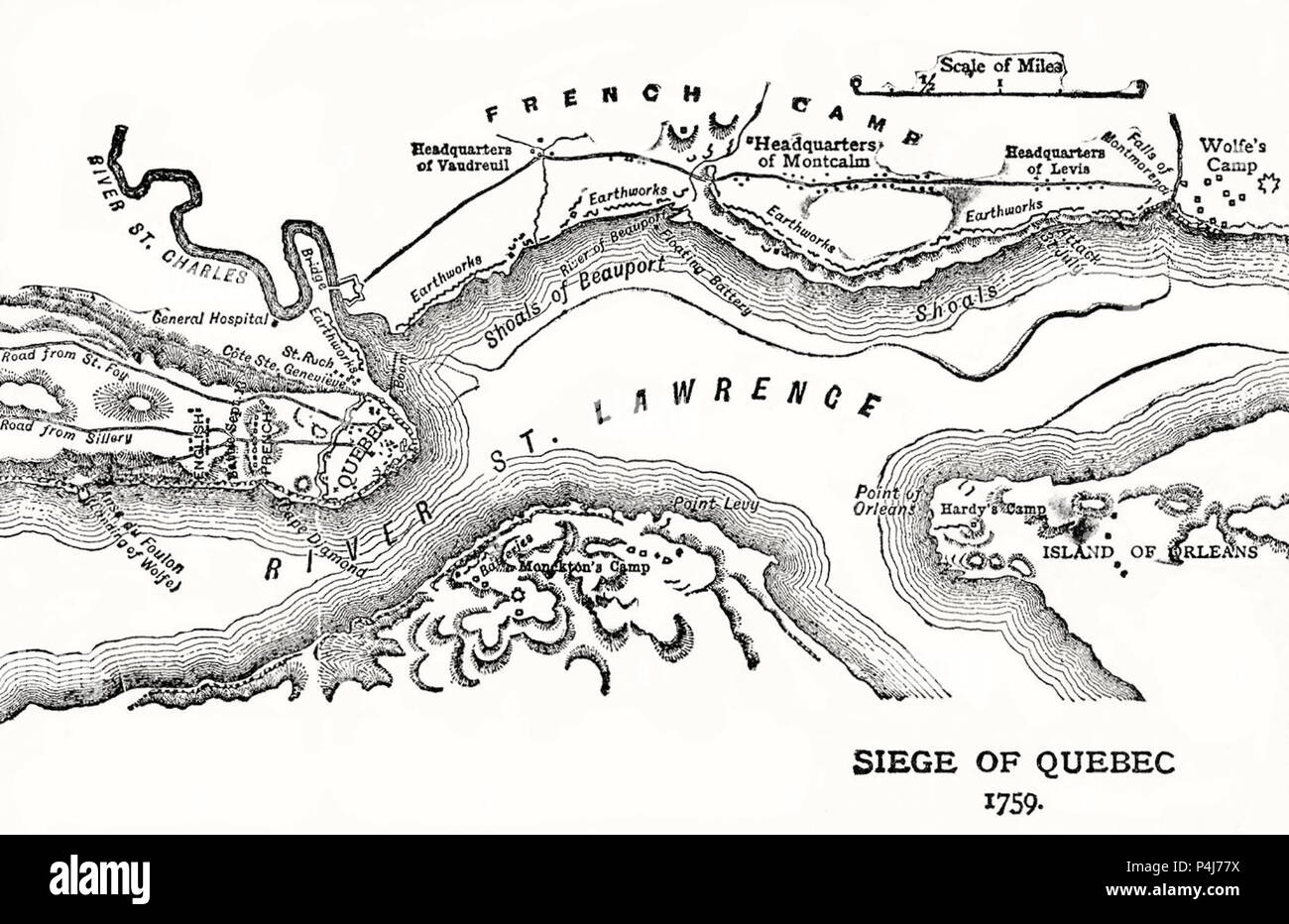 Assedio del Québec, mappa della città di Québec area che mostra la disposizione di francese e le forze britanniche. Le Pianure di Abramo sono a sinistra. 1759 Foto Stock