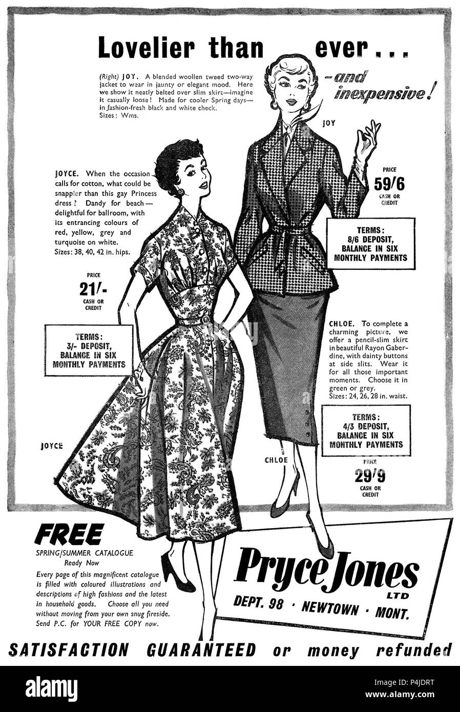 1955 British pubblicità per Pryce Jones cataloghi di vendita per corrispondenza. Foto Stock