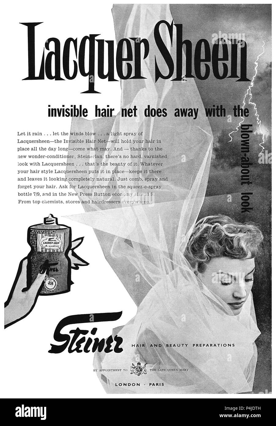 1955 British pubblicità per la lacca Sheen hairspray da Steiner. Foto Stock