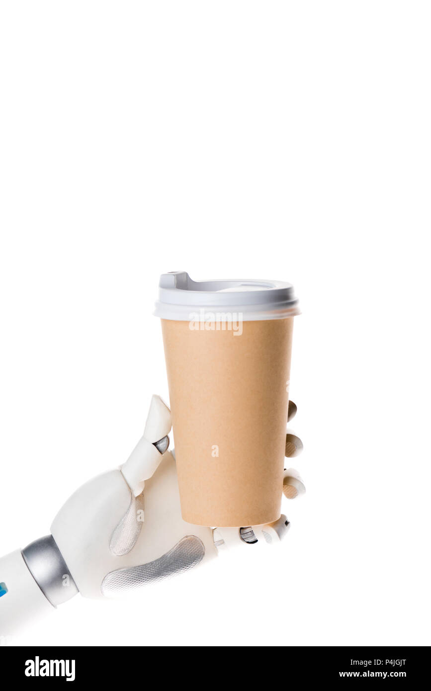 Robot a mano azienda monouso tazza di caffè isolato su bianco Foto Stock